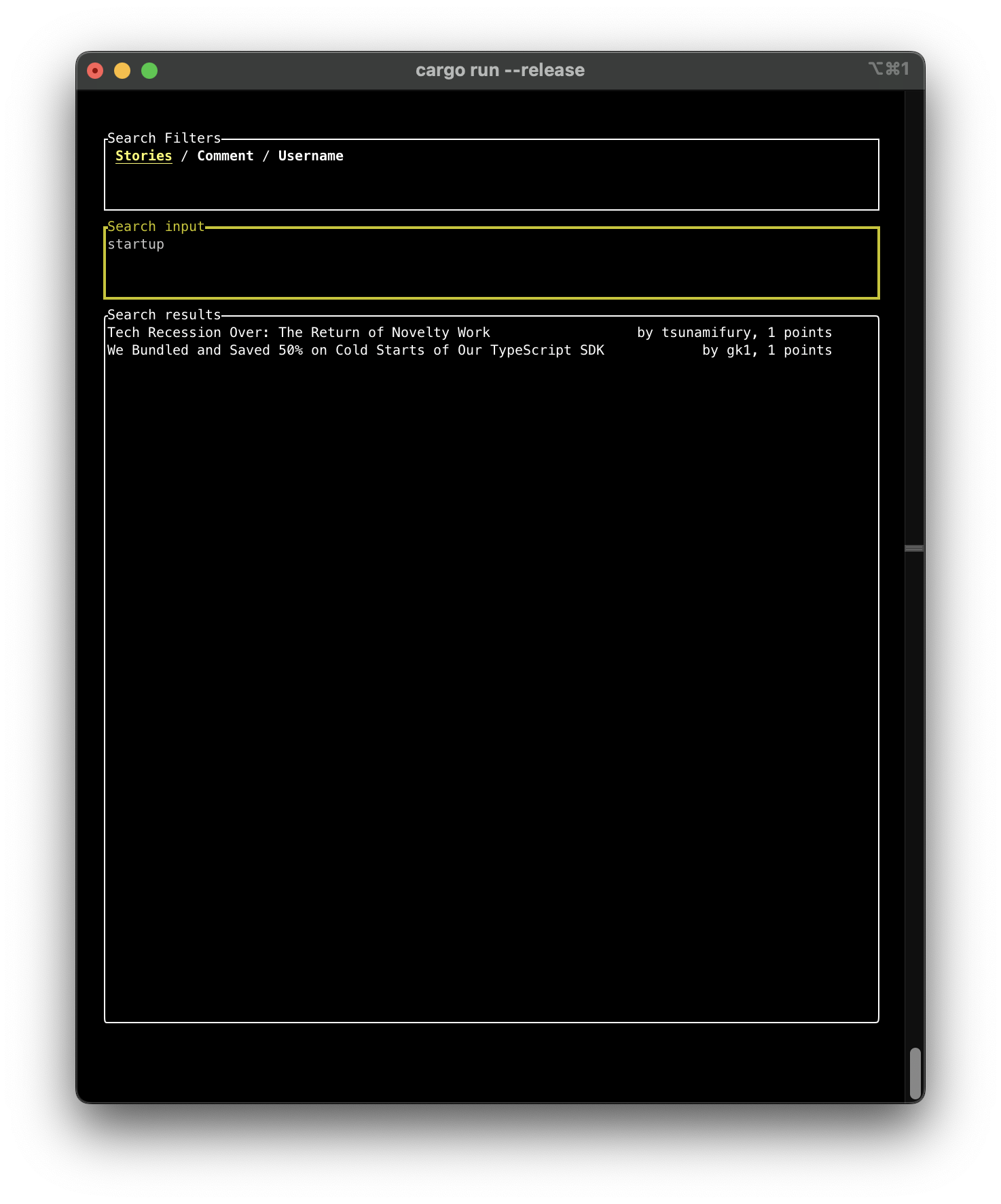 hncli search screen (limited by hn.algolia.com